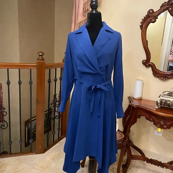 Calvin Klein | Dresses | Calvin Klein Blue Asymmetrical Wrap Dress With  Notched Collar | Poshmark